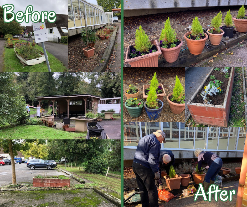 Chipstead Lake first planting (Facebook Post) Before and after of the grounds showing new planters with miniature trees.